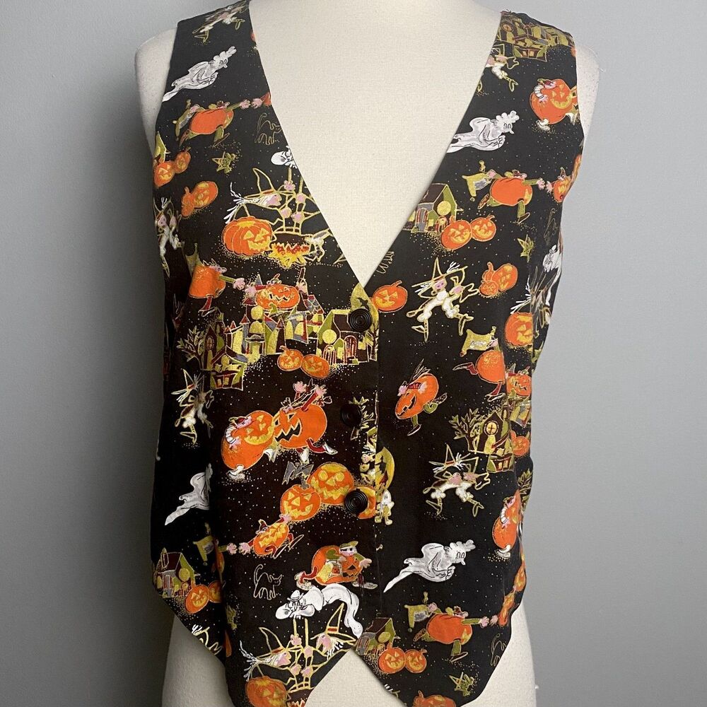 90s Vintage Basic Editions Halloween Vest - Pumpkin & Ghost Scene - Size S